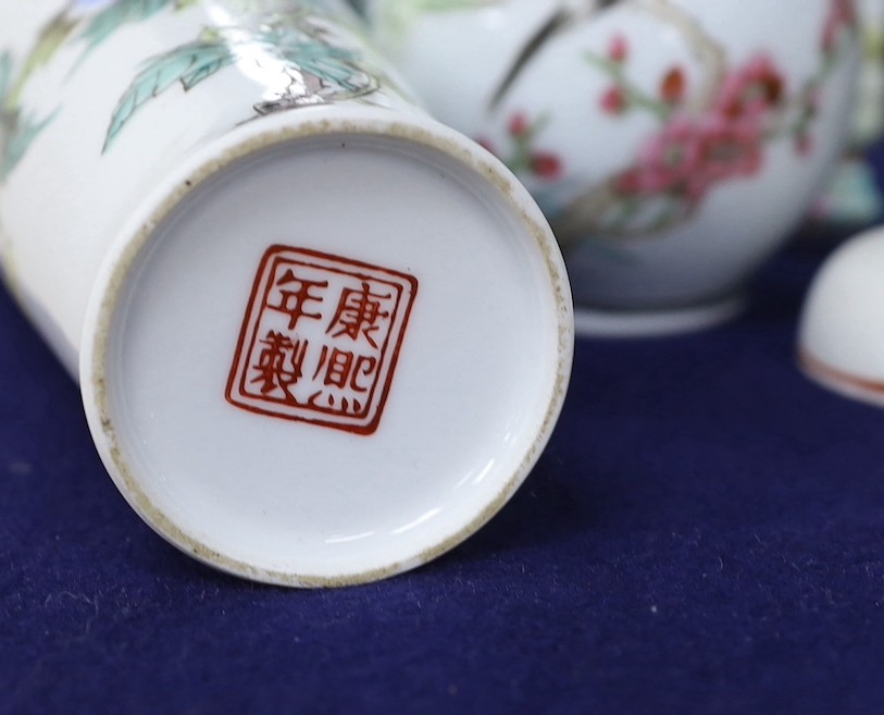 A pair of Chinese yellow glazed vases, pair of square form famille rose vases and baluster vase, a republic period baluster vase and five other items, (11items)